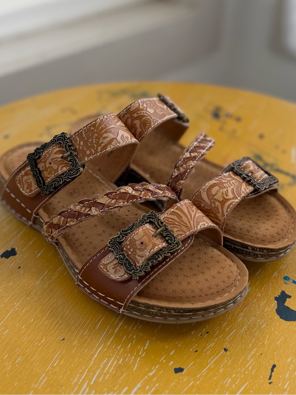 Brown Braided Strap Sandals with Decorative Buckles